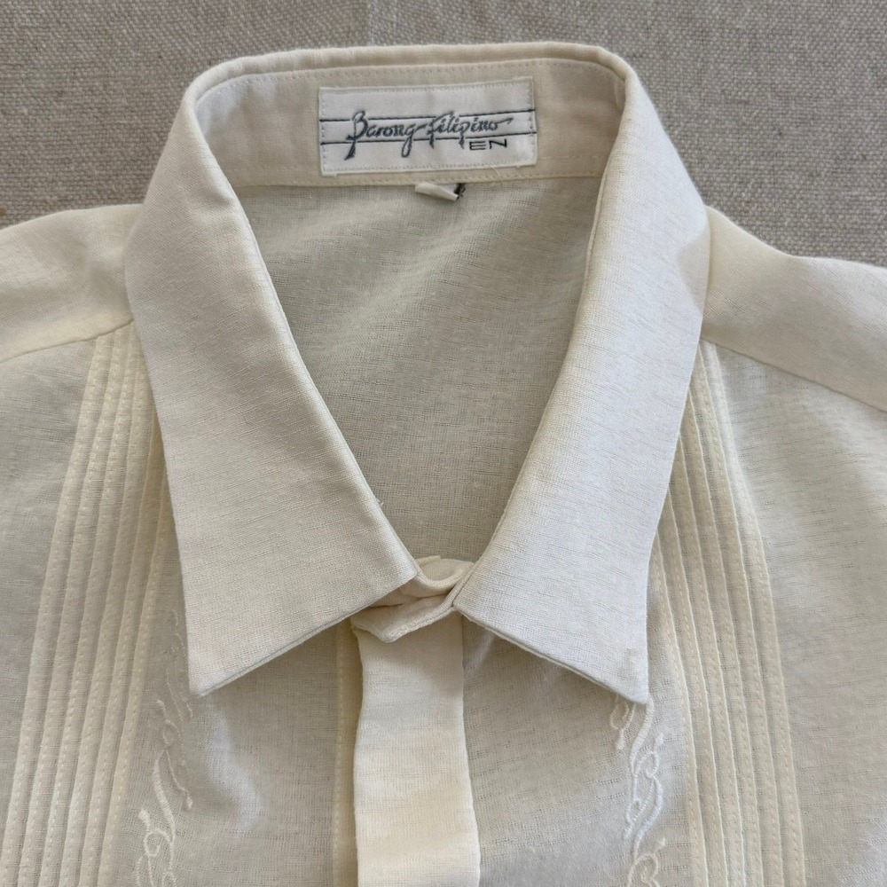 Barong Filipino Mens Ivory Short Sleeve Embroidered Pintuck Button Down Shirt